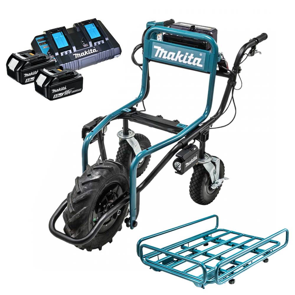 Makita DCU180 18V LXT Brushless Wheelbarrow, Pipe Frame, 2x 5.0Ah Batteries & Twin Charger