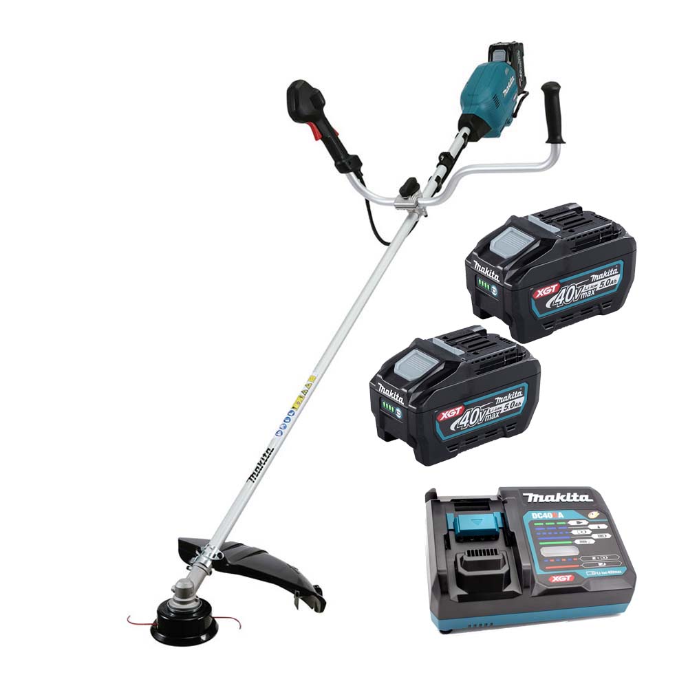 Makita UR013GT206 40V XGT Brushless Brush Cutter, 2x 5.0Ah Batteries & DC40RA Battery Charger