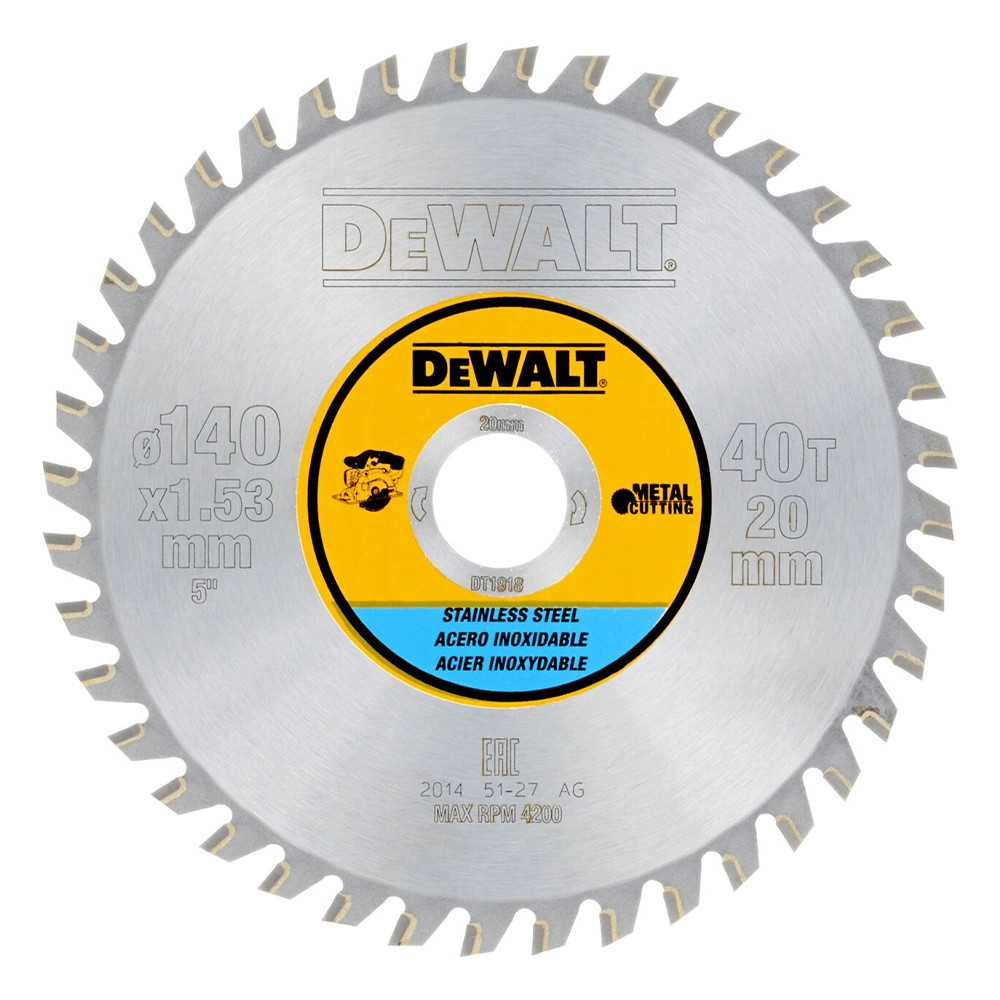 Dewalt DT1918-QZ 140mm x 20mm 40T Stainless Steel Cutting Saw Blade