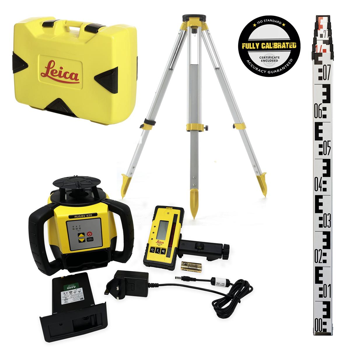 Leica Rugby 620 Self-Levelling & Slope (One Axis) Red Rotating Laser (600m) Li-ion with Tripod & Staff