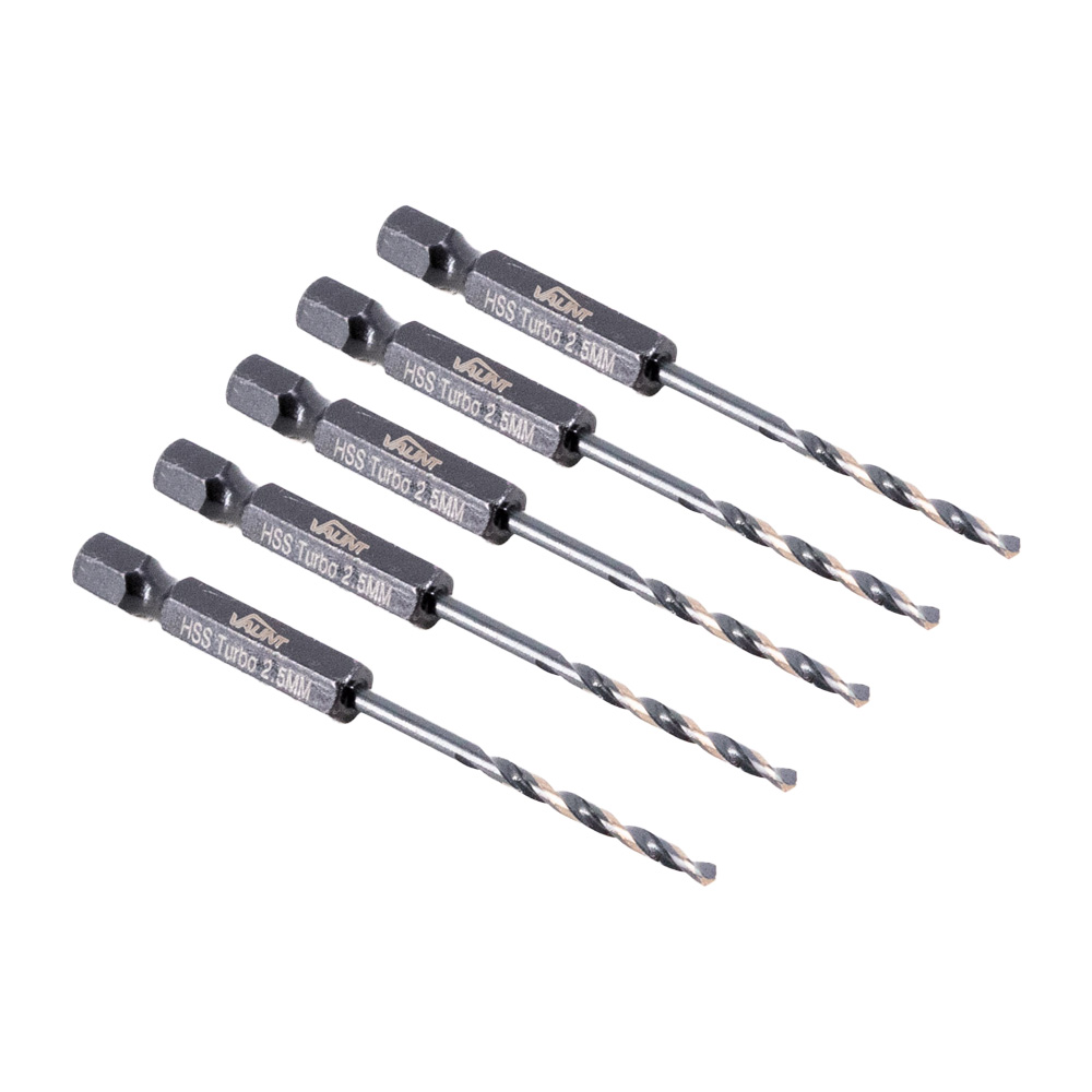 Vaunt 2.5mm x 77mm 1/4'' Hex Shank HSS M2 Turbo Drill Bits - Pack of 5