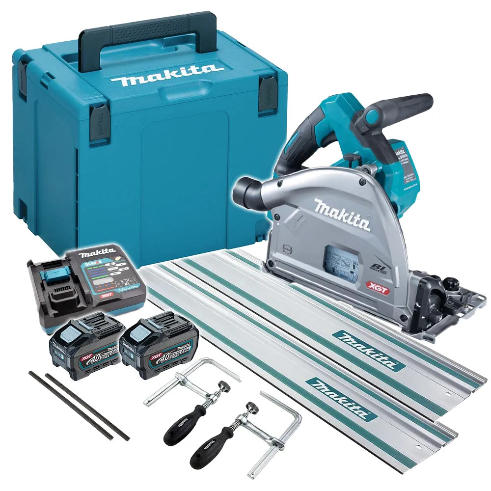 Makita SP001GZ03 40V XGT Brushless 165mm Plunge Saw, 2x 5.0Ah Batteries, 2x 1.5m Guide Rails, Connector Piece, 2x Clamps Charger & Case