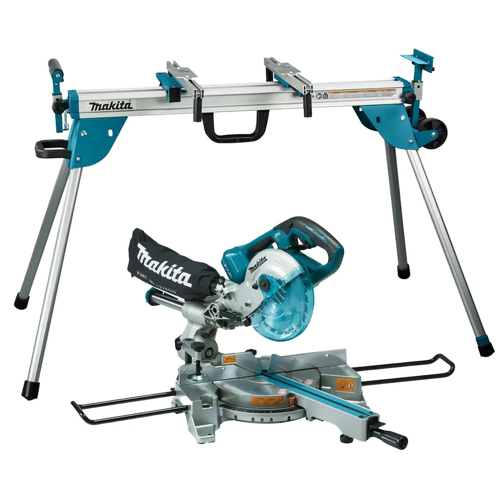 Makita DLS714Z 36V (Twin 18V) LXT 190mm Brushless Slide Compound Mitre Saw, 2x 12.0Ah Batteries, Dual Port Battery Charger & Makita WST06 Mitre Saw…