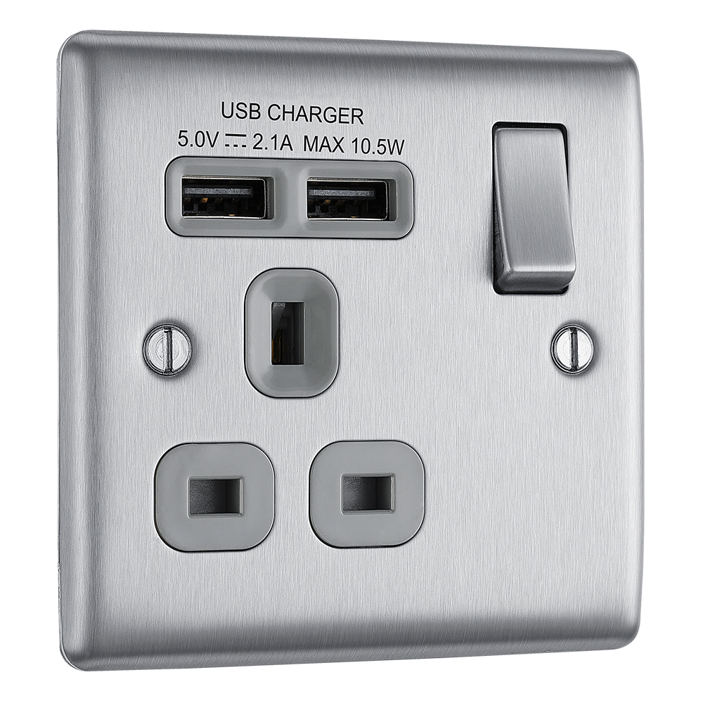BG Electrical Nexus Metal 13A 1-Gang SP Switched Socket with 2 USB A Chargers