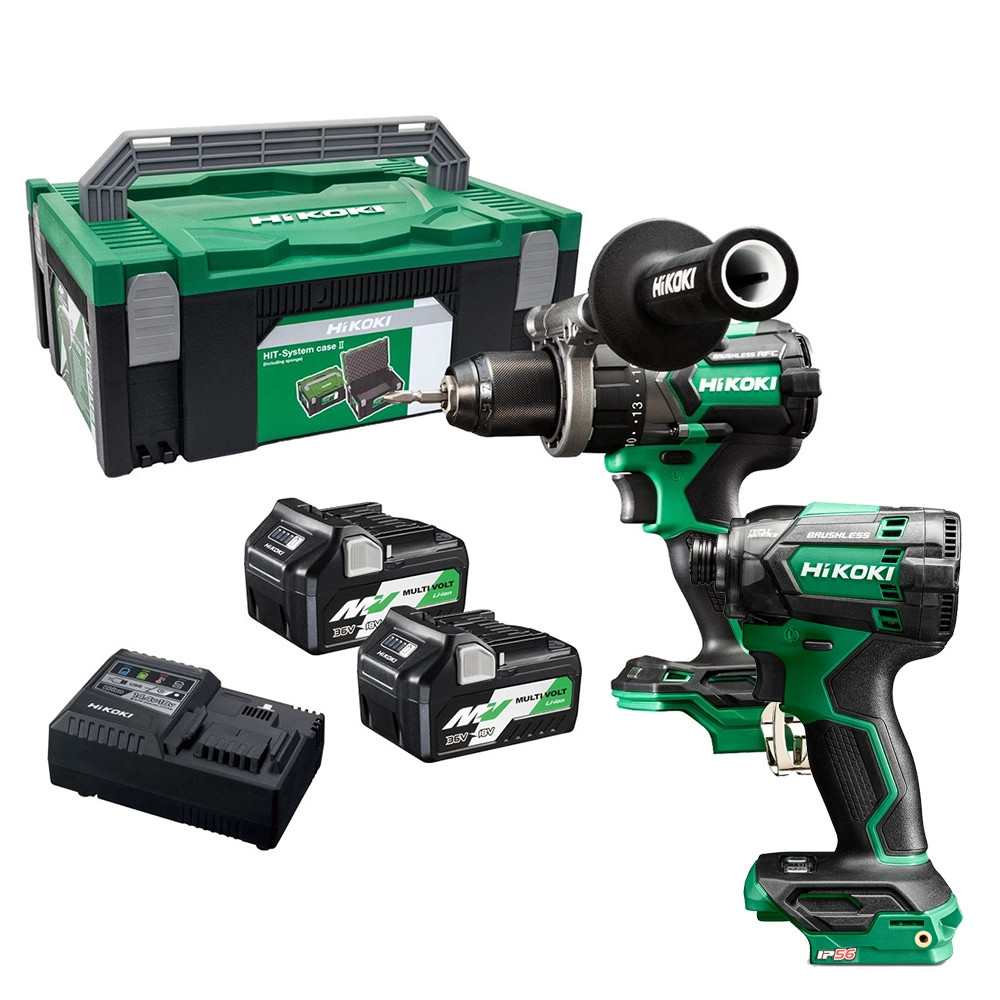 Hikoki KC18DCJAZ 2 Piece 18V Brushless Power Tool Kit, 2x 5.0Ah 18V MV Batteries, Charger & Case