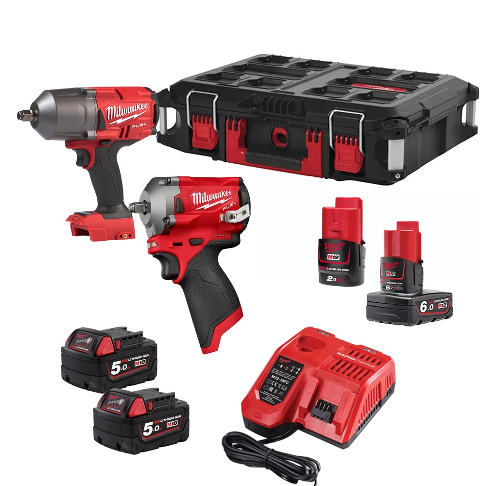 Milwaukee M18 FPP2AE-564P 12V 18V FUEL Brushless Impact Wrenches, 2x  18V Batteries, 1x 12V Battery, 1x Battery, Fast Charger  …
