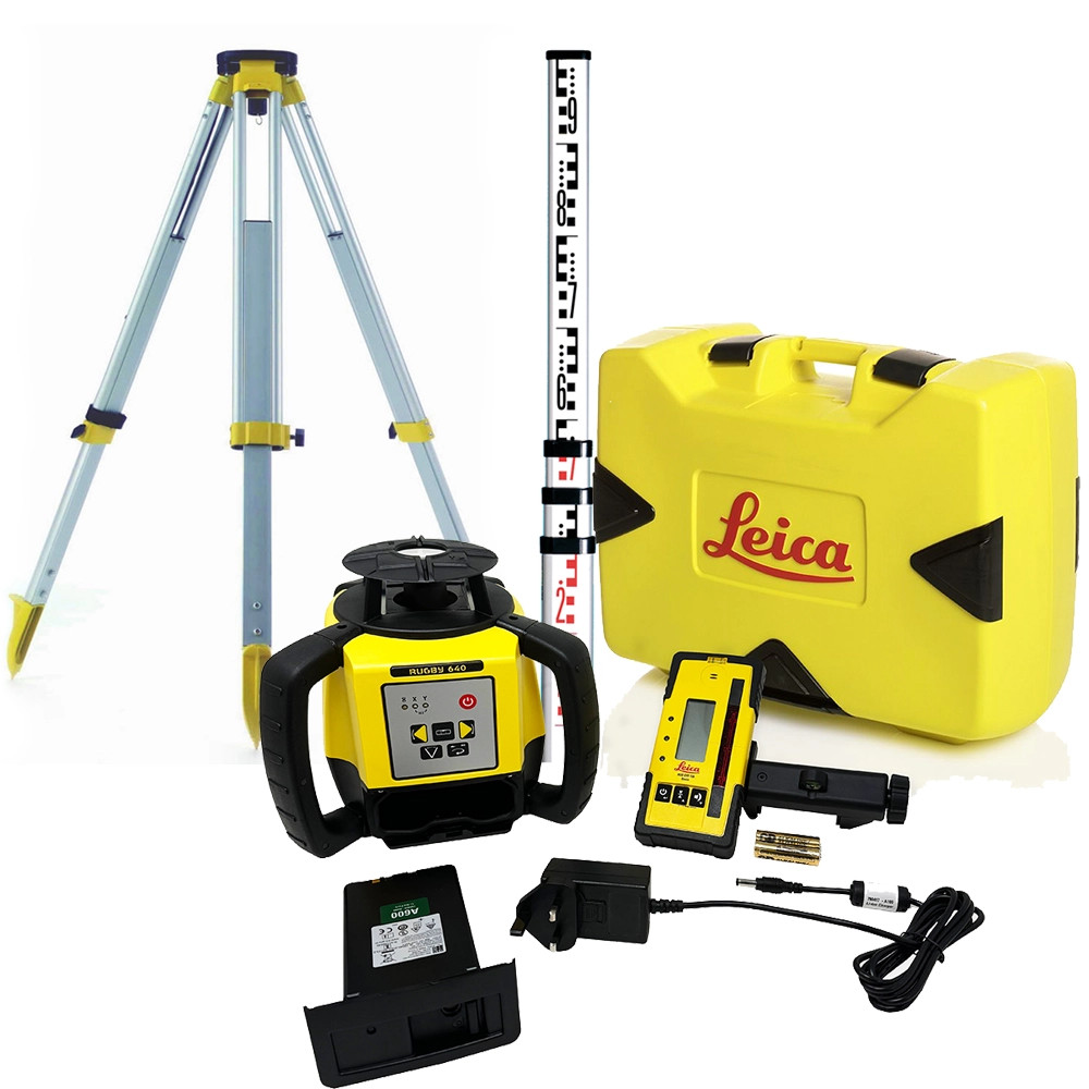 Leica Rugby 640 Self-Levelling & Slope (Dual Axis) Red Rotating Laser (600m) Li-ion with Tripod & Staff