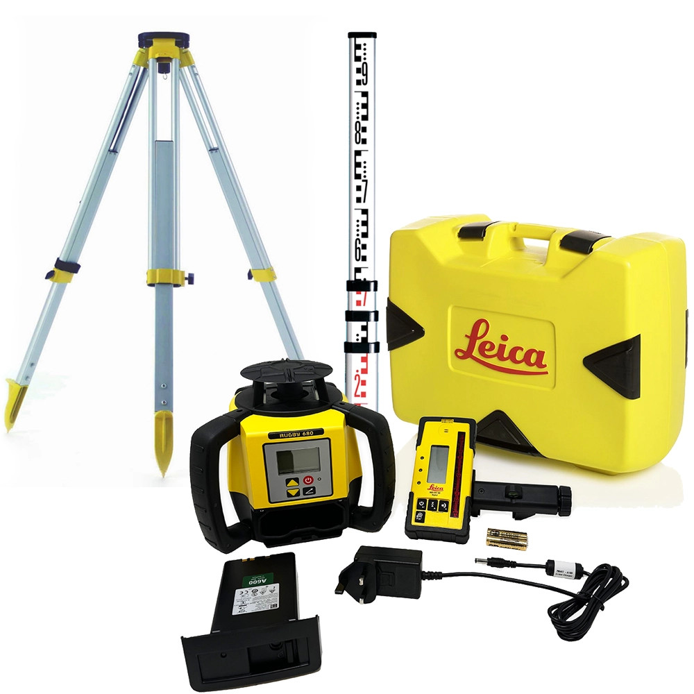 Leica Rugby 680 Self-Levelling & Slope (Dual Axis) Red Rotating Laser (800m) Li-ion with Tripod & Staff