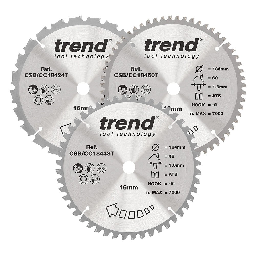Trend CSB/CC184/3PK 3 Piece 184mm x 16mm Mixed 24T/40T/60T Circular Saw Blades