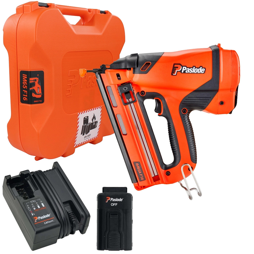 Paslode IM65A F16 7.4V Angled Second Fix Finishing Nail Gun, 2000x 16GA 38mm Angled Electro Galv. Collated Nails, 1x 2.1Ah Battery, Charger & Case