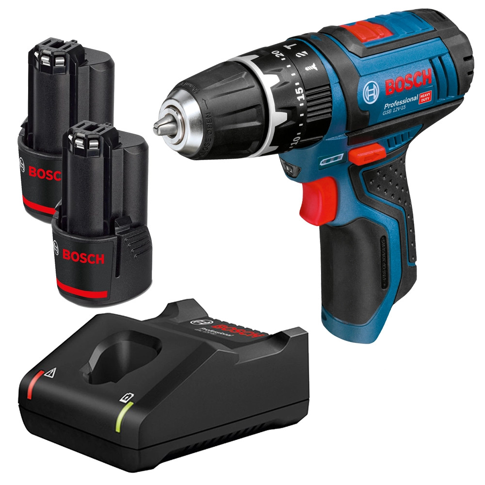 Bosch GSB 12V-15 12V Combi Drill, 2x Batteries Charger