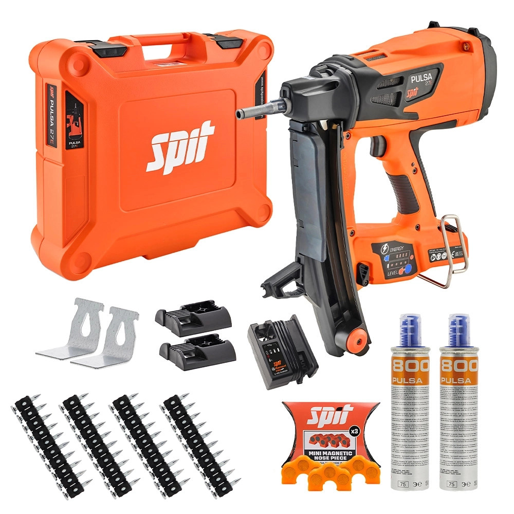 Spit Pulsa 27E Electrician’s Starter Nail Gun Kit 2.0, 1200x Various Fixings, 2x Fuel Cells, 1x 2.5Ah Battery, Charger & Case