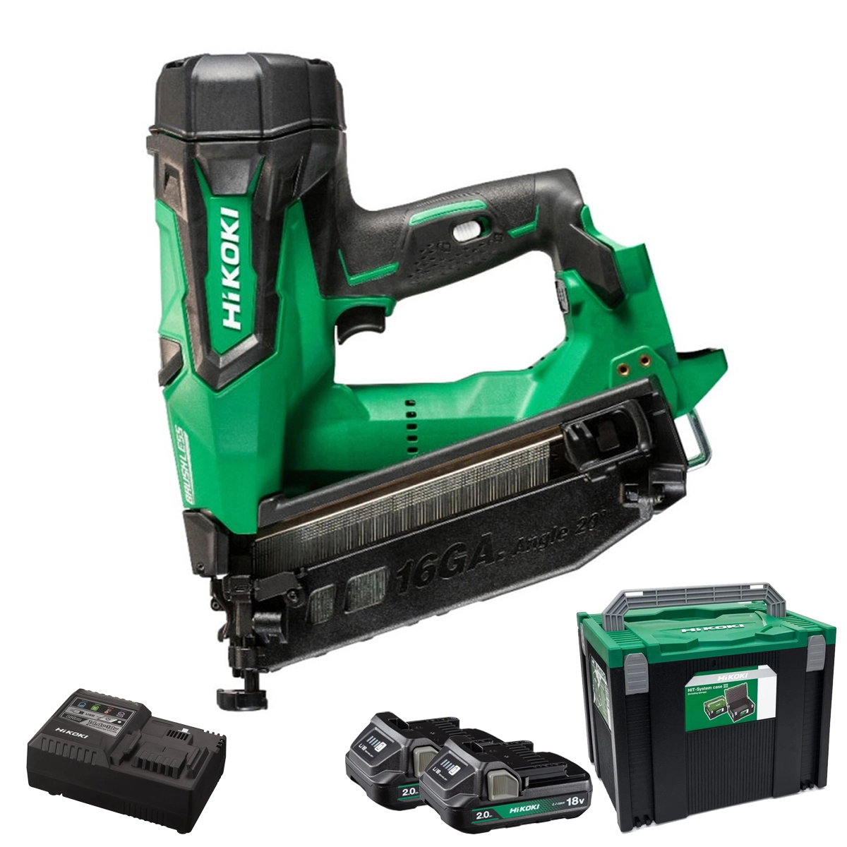 Hikoki NT1865DMBJYZ 18V Brushless 16G Second Fix Angled Nail Gun, 2x 2.0Ah Batteries, Charger & Case