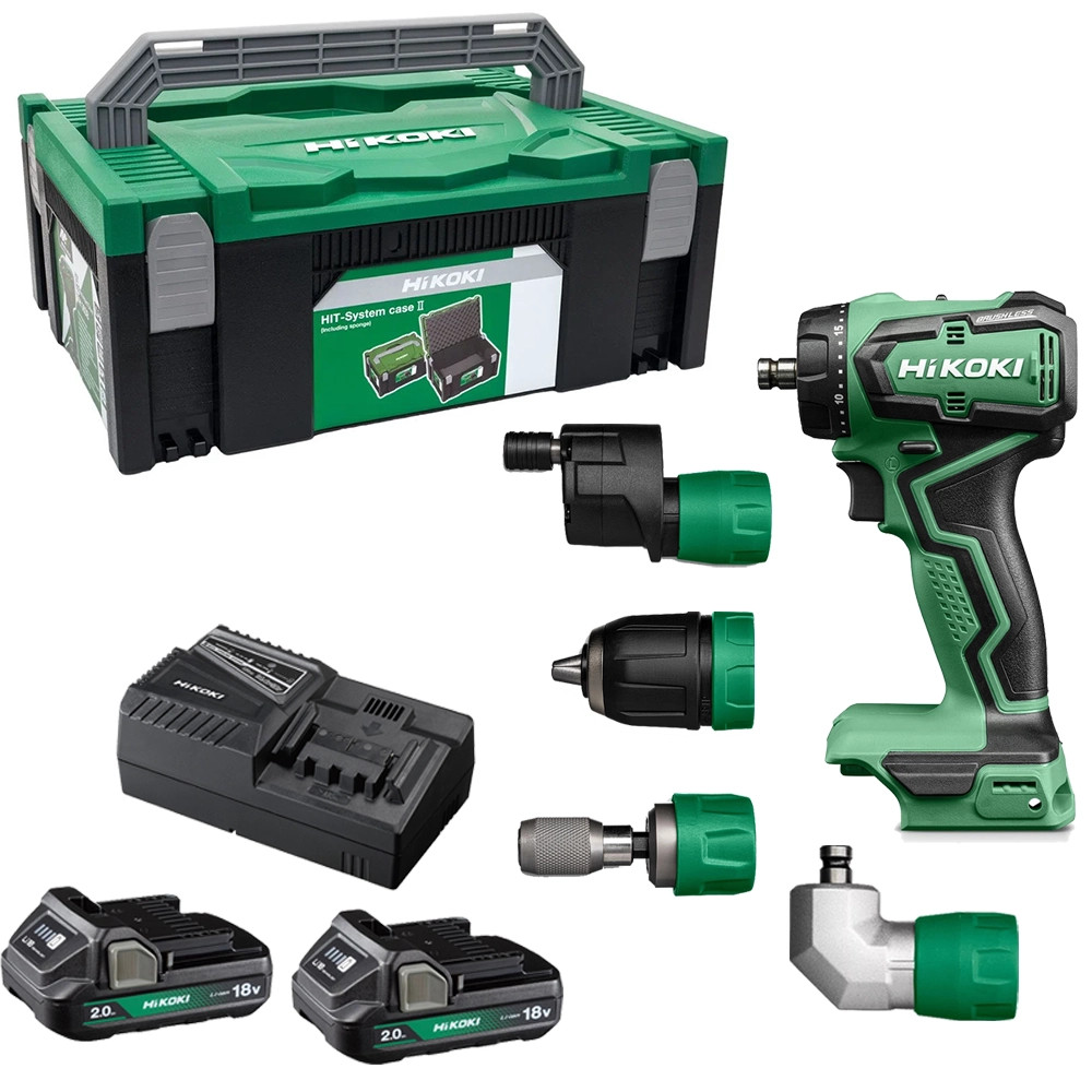 Hikoki DS18DDQJRZ 18V Brushless Drill Driver, 4x Tool Attachments, 2x 2.0Ah Batteries, Charger & Stackable HSC II Case