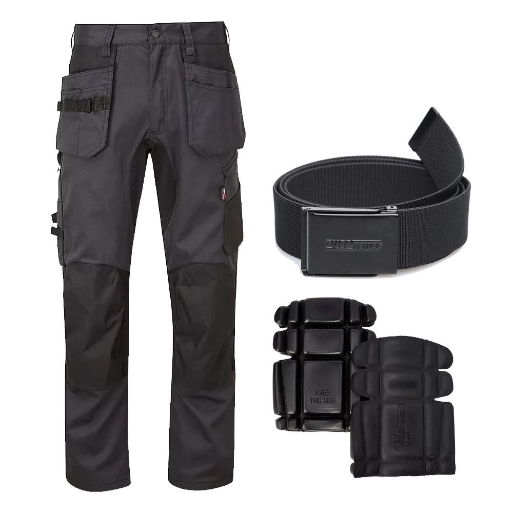 TuffStuff Heavy Duty X-Motion Grey Work Trousers, ProFlex Belt & Knee Pads