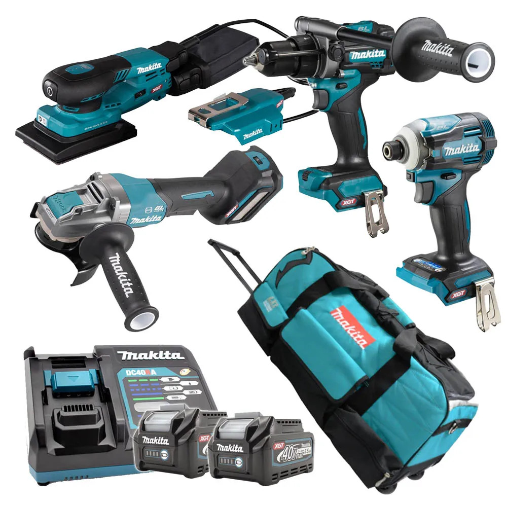Makita 4 Piece 40V XGT Contractors Power Tool Kit, 2x 2.5 Ah Batteries, Charger & Rolling Tool Bag