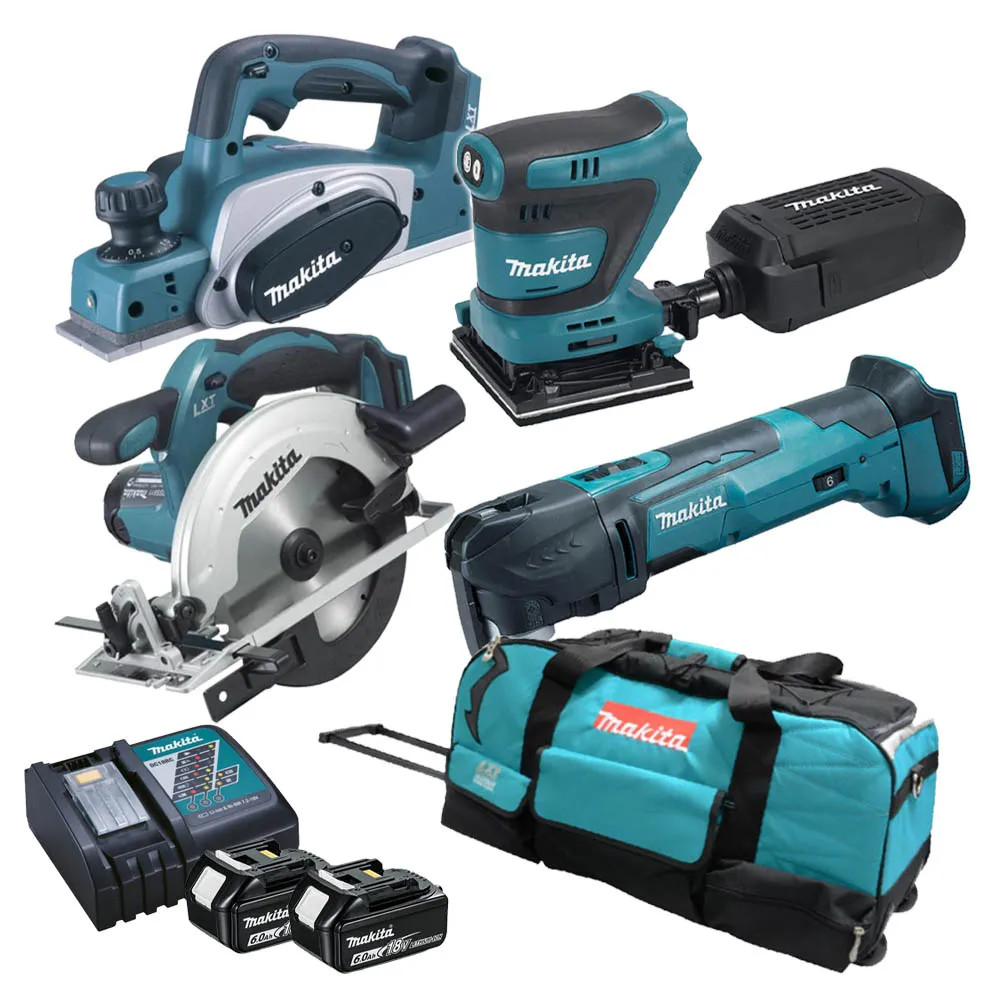 Makita 4 Piece 18V LXT Wood Working Power Tool Kit, 2x 6.0Ah Batteries, Charger & Wheeled Bag