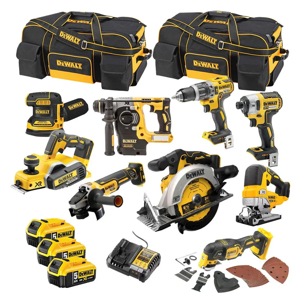 Dewalt 9 Piece 18V XR Brushless Power Tool Kit, 3x 5.0Ah Batteries, Charger & 2x Wheeled Tool Bags