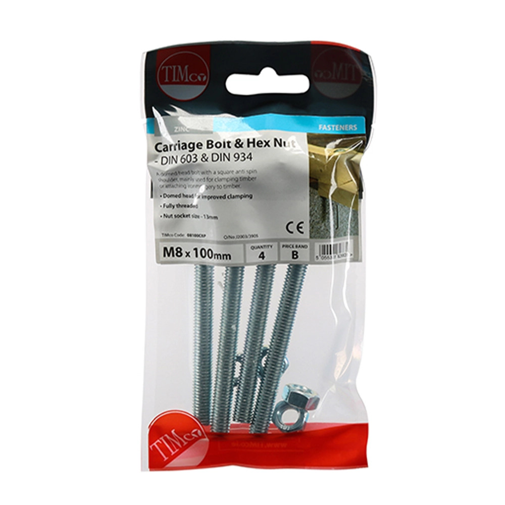 Timco M8 x 100mm Carriage Bolt & Hex Nut - Pack of 4
