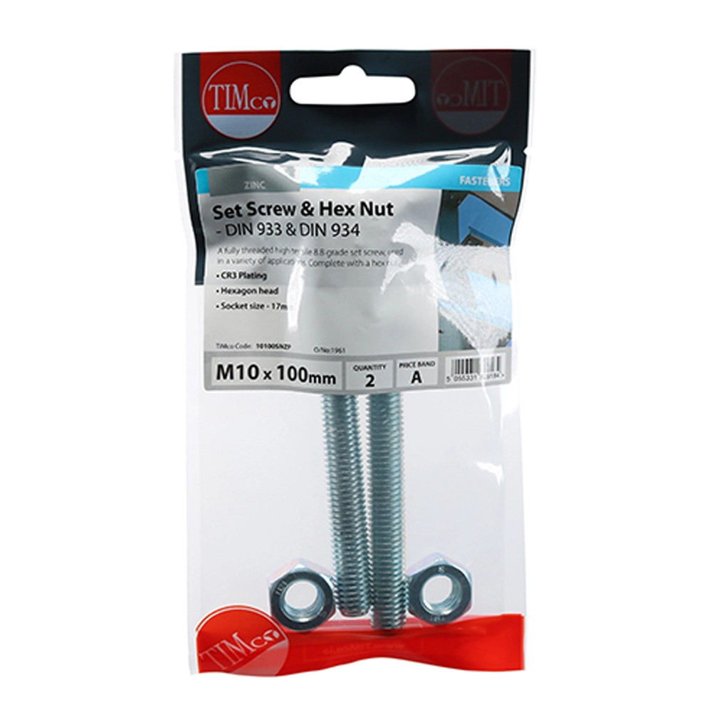 Timco M10 x 100 Set Screw & Hex Nut - Pack of 2