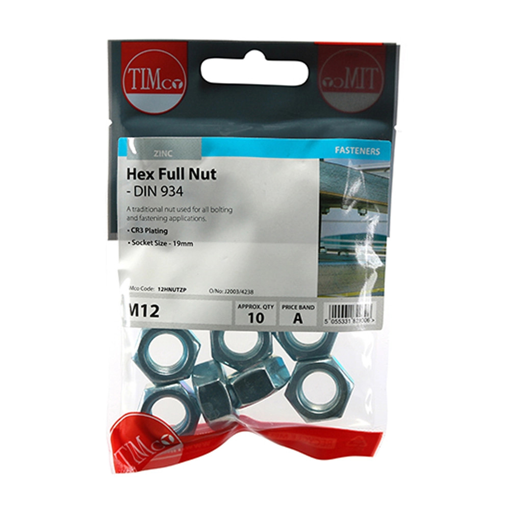 Timco M12 Hex Nut - Pack of 10
