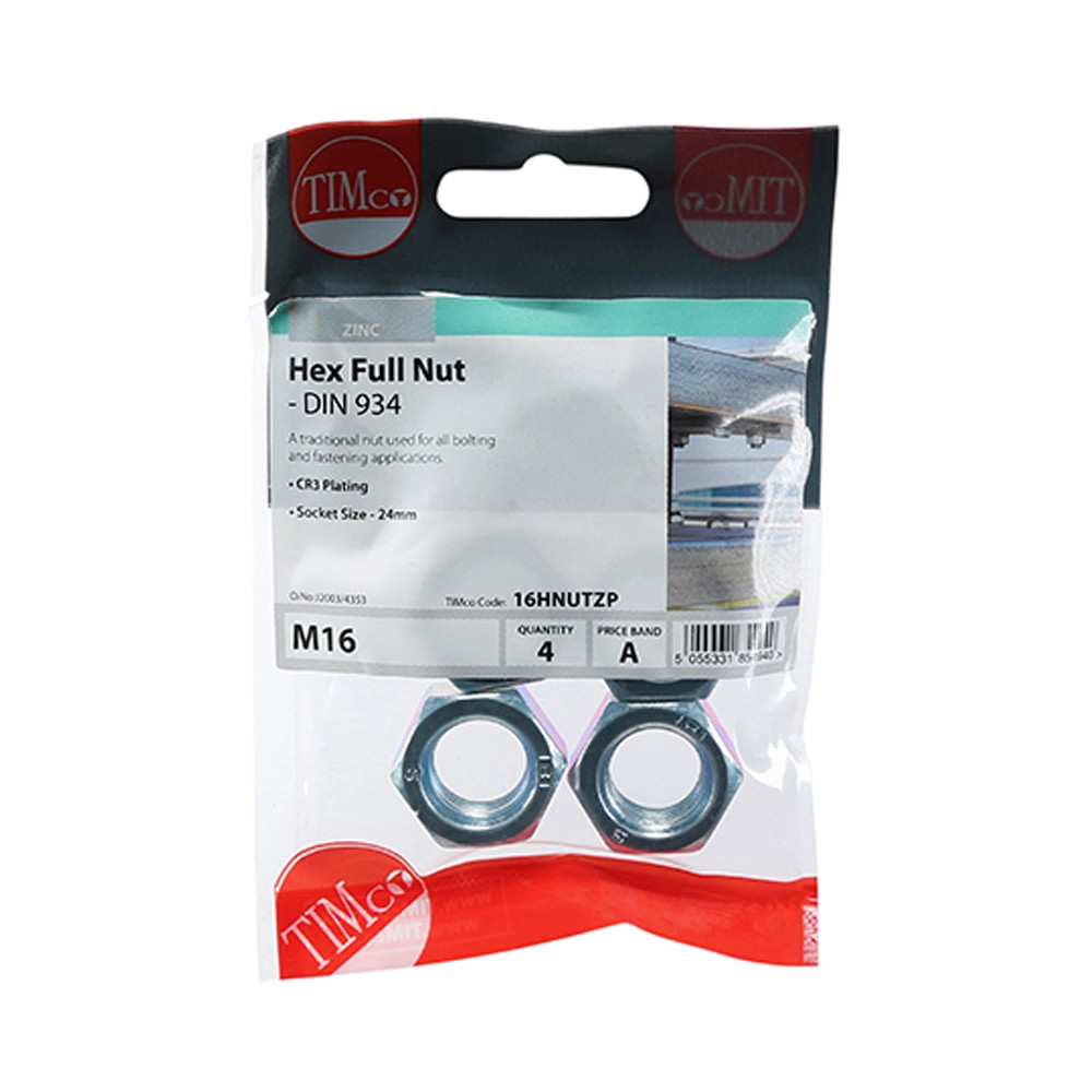 Timco M16 Hex Nut - Pack of 4