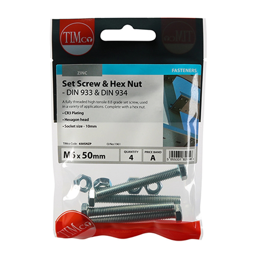 Timco M6 x 50 Set Screw & Hex Nut - Pack of 4