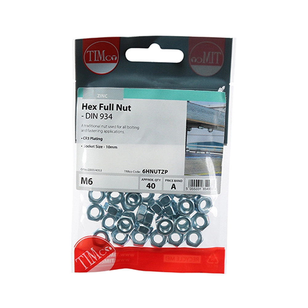 Timco M6 Hex Nut - Pack of 40