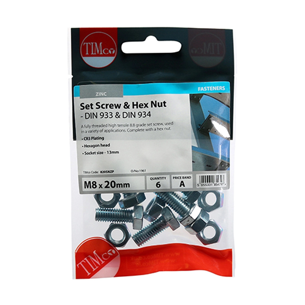 Timco M8 x 20 Set Screw & Hex Nut - Pack of 6