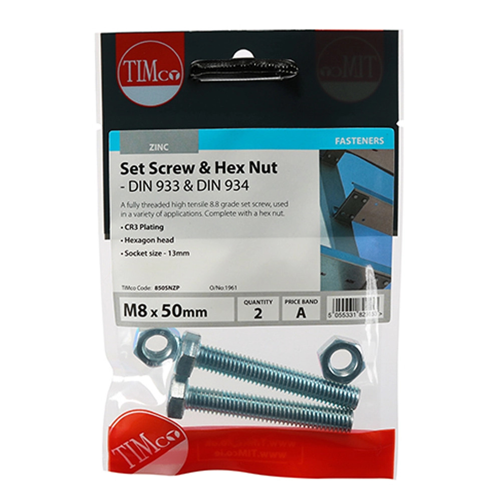 Timco M8 x 50 Set Screw & Hex Nut - Pack of 2