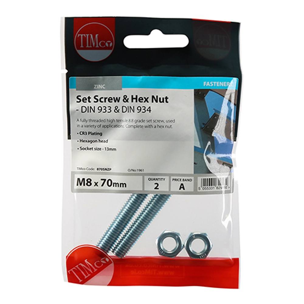 Timco M8 x 70 Set Screw & Hex Nut - Pack of 2