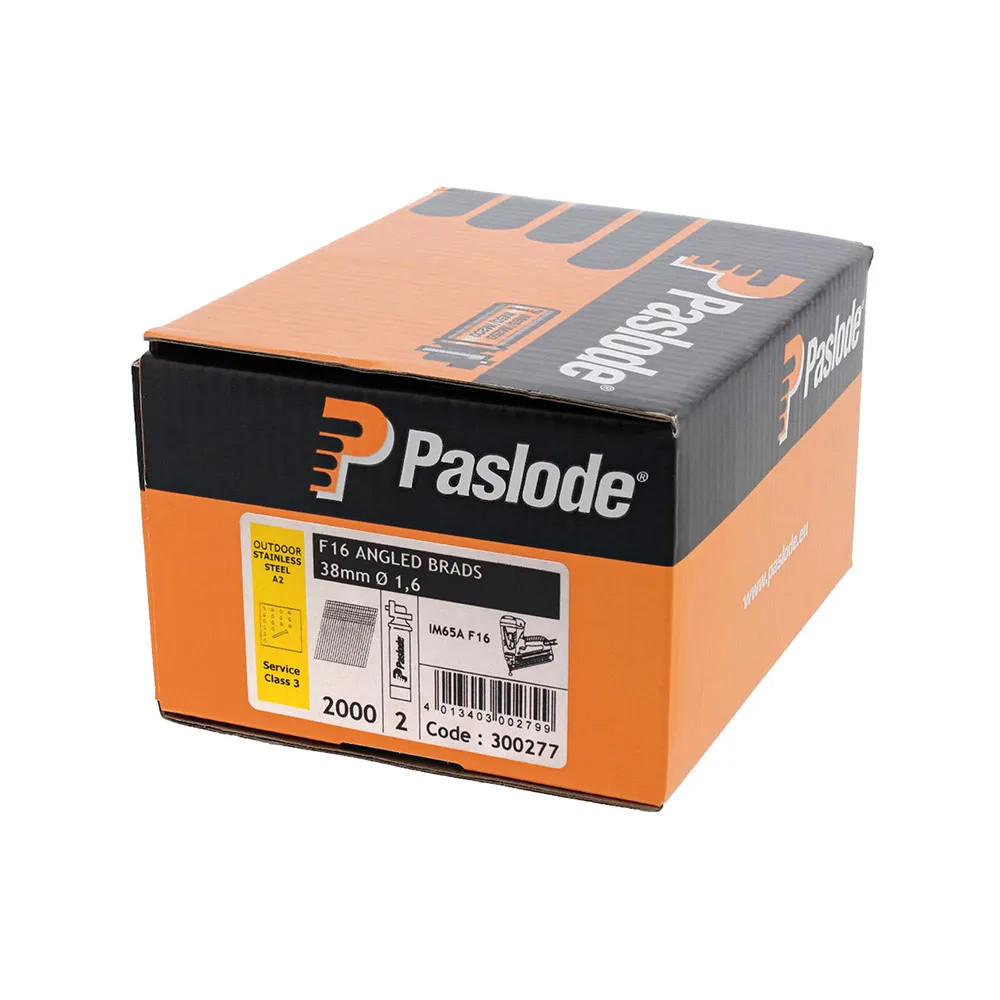 Paslode 300277 16G x 38mm Stainless Steel Angled Brad Nails for IM65A - Pack of 2000 & 2x Fuel Cells