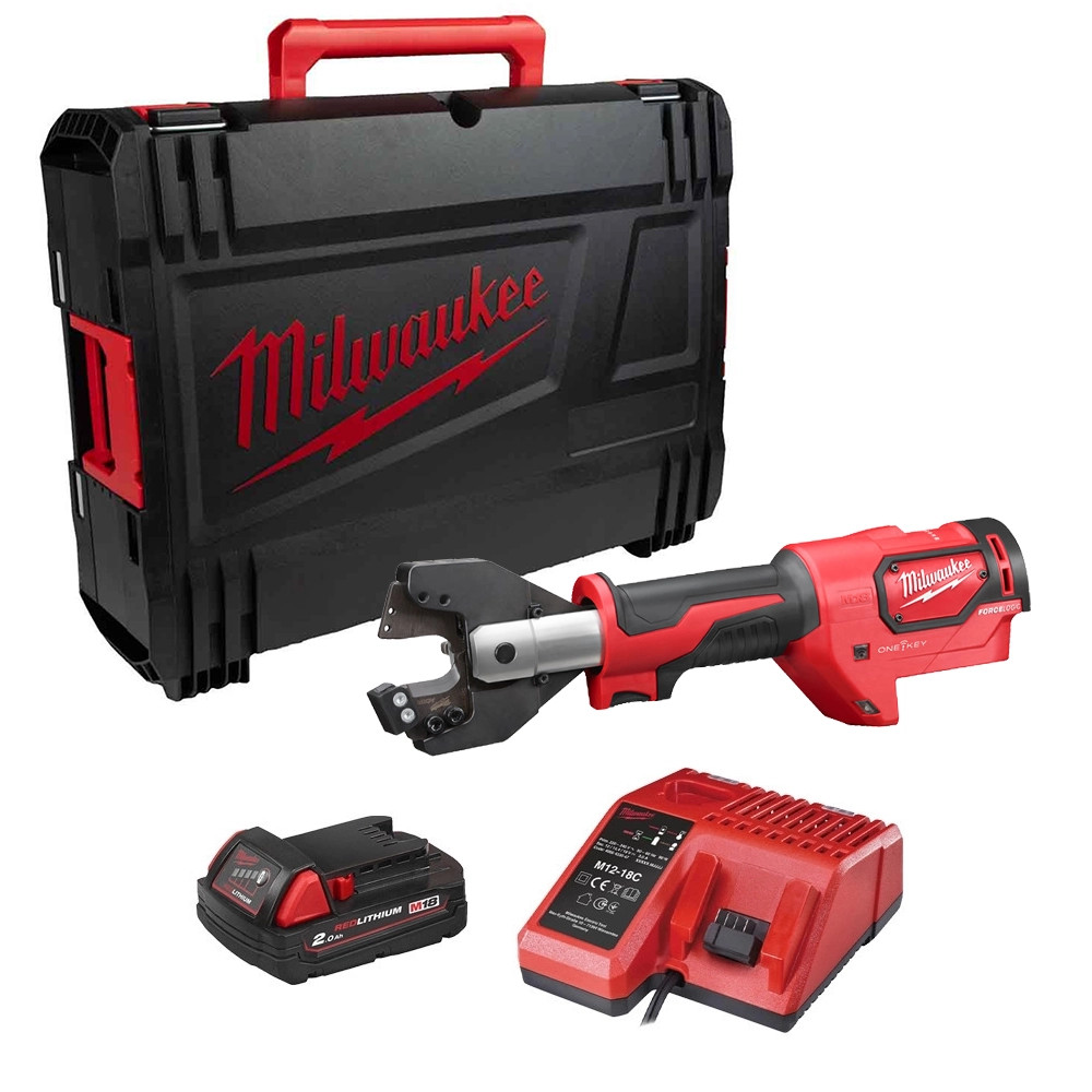 Milwaukee M18 ONEHCC-201C ACSR FORCE LOGIC Brushless Hydraulic 22.5mm Cable Cutter, 2.0Ah Battery, Charger & Case