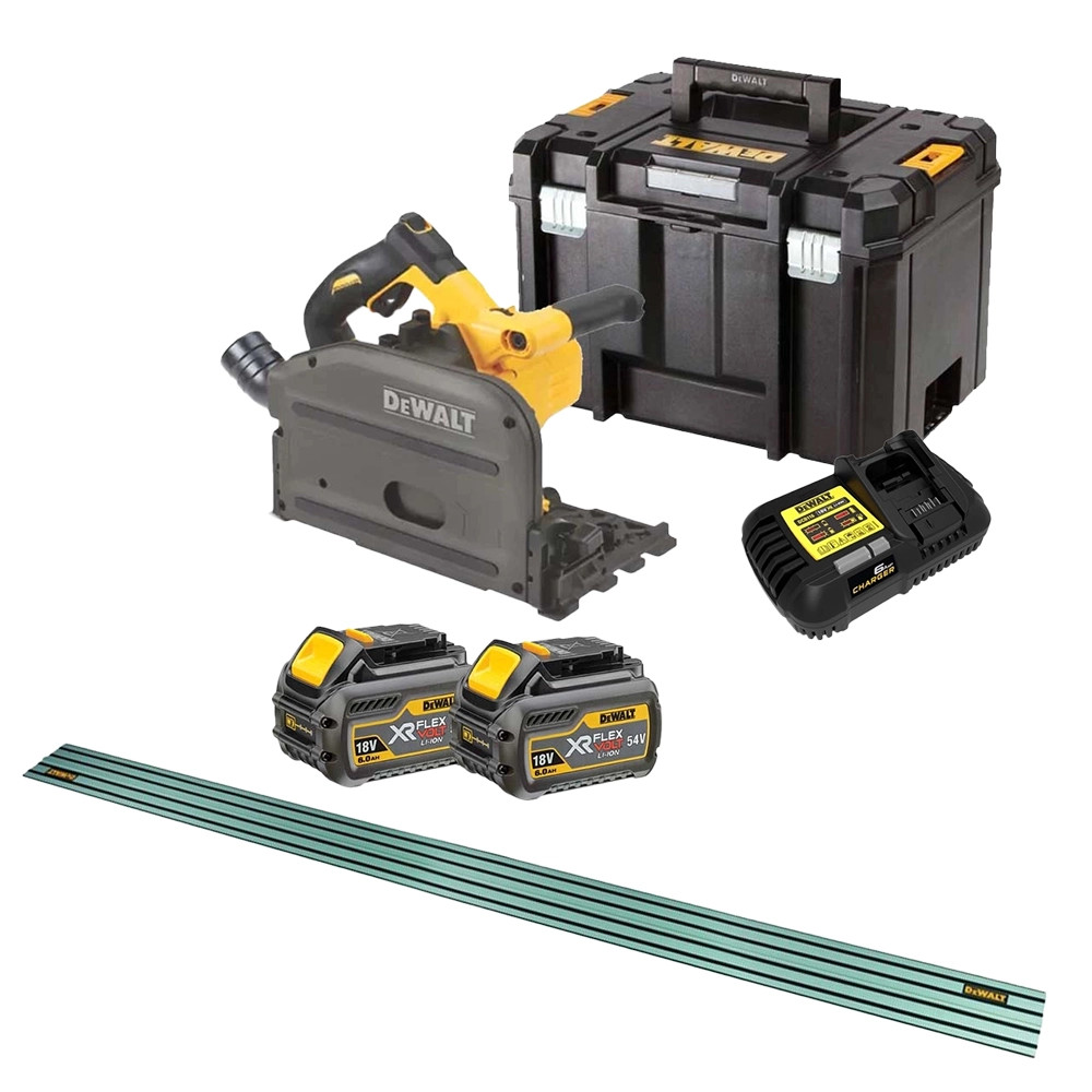 Dewalt DCS520 54V XR FLEXVOLT Brushless Plunge Saw, 2x 6.0Ah Batteries, Charger, Case & 1x 2.6m Rail