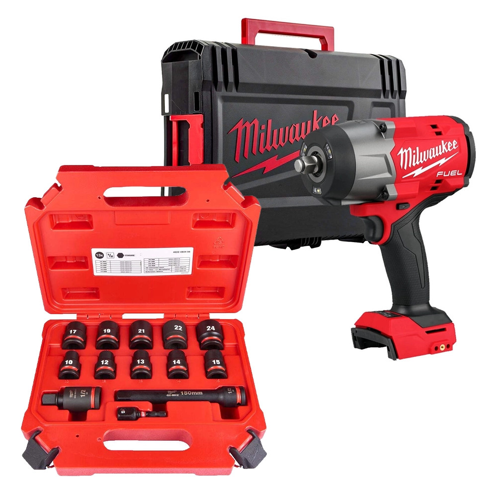 Milwaukee M18 FHIW2F12-0X 18V FUEL Brushless 1/2'’ High Torque Impact Wrench with Friction Ring - Body, 13 Piece 1/2" Sq. SHOCKWAVE Standard Impact…