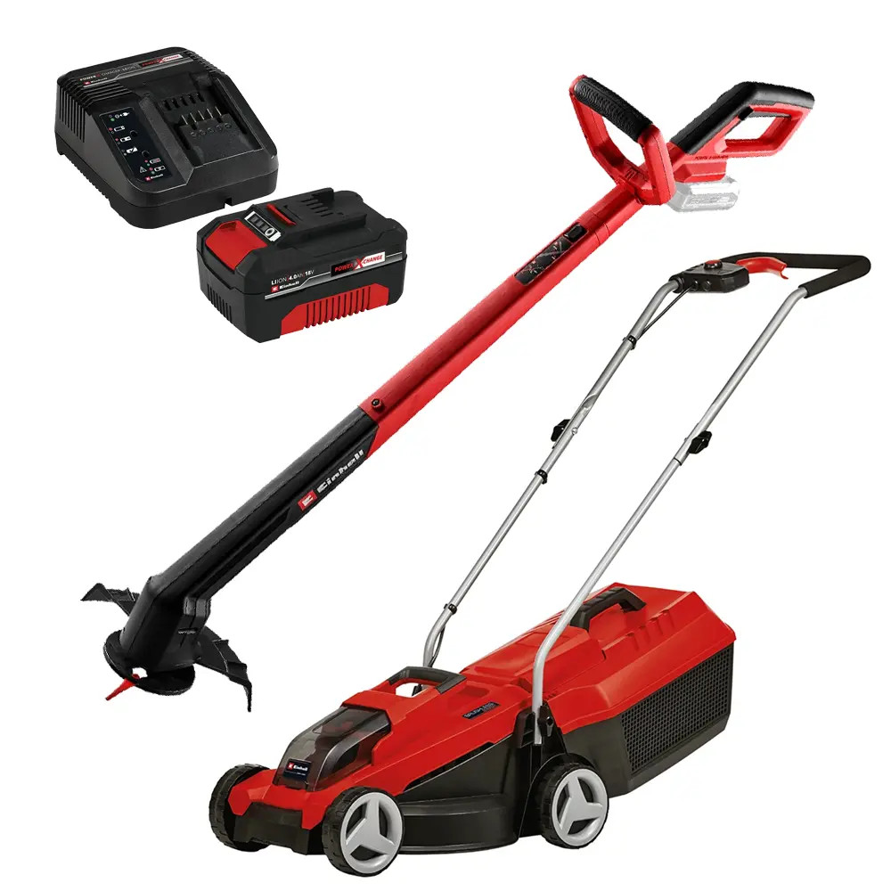 Einhell GE-CM 18/32 Li 18V PXC Brushless Lawn Mower, GC-CT 18/2411 Li 18V PXC 24cm Grass Trimmer, 1x 4.0Ah Battery & Charger