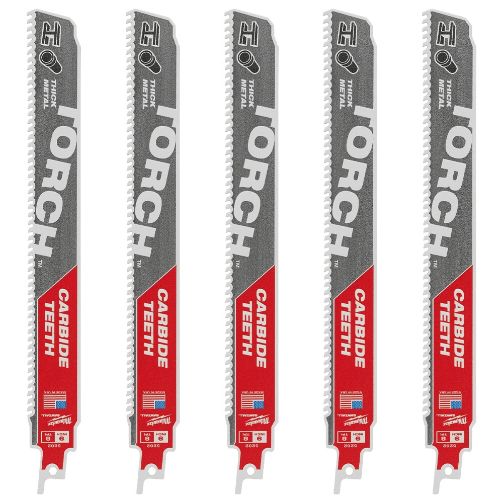 Milwaukee 230mm 8TPI SAWZALL Heavy Duty TORCH Carbide Reciprocating Saw Blades for Metal - Pack of 5
