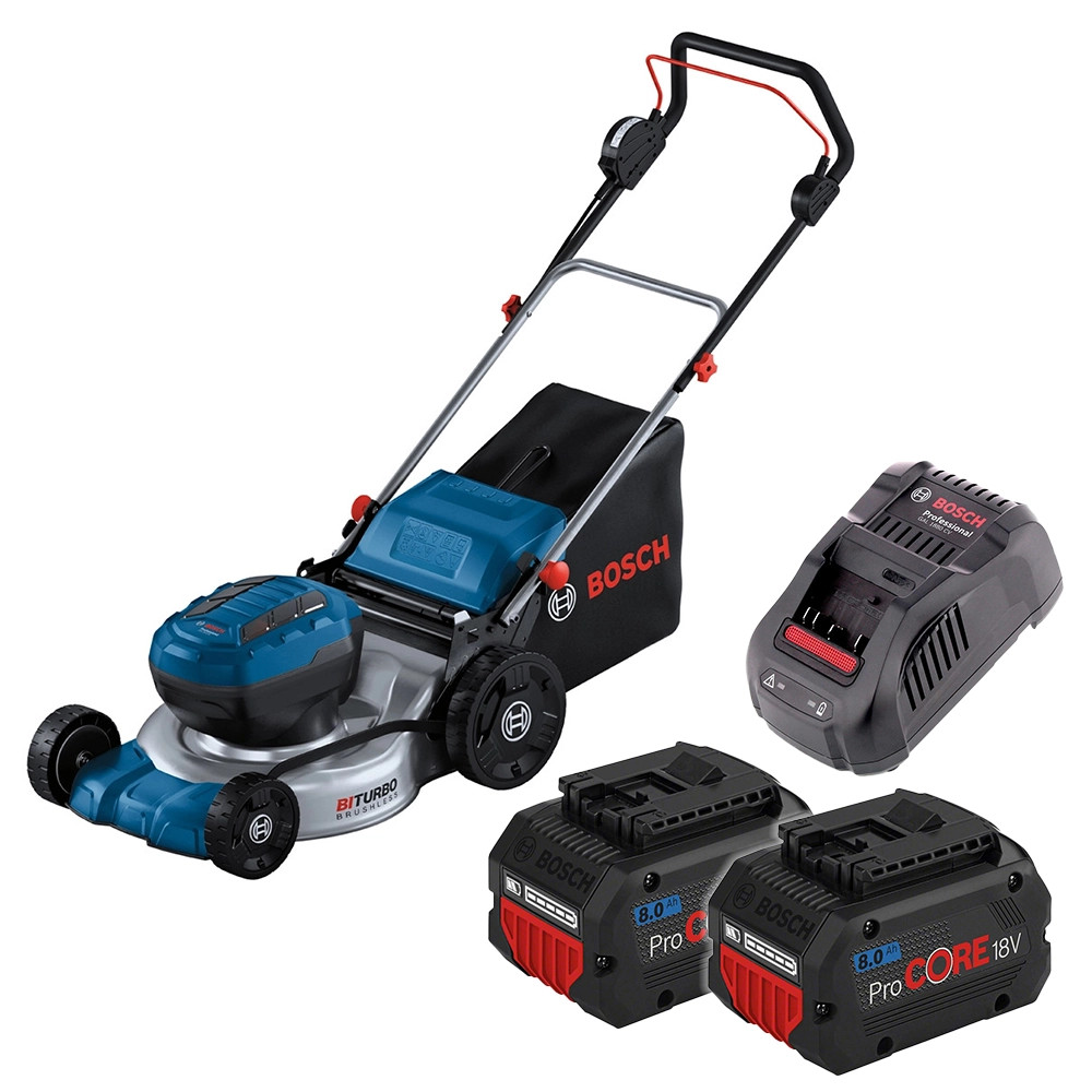 Bosch GRA 18V2-46 18V BITURBO Brushless 46cm Lawn Mower, 2x 8.0Ah ProCore Batteries & Fast Charger