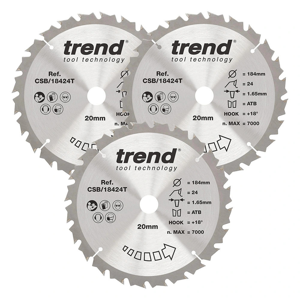 Trend 184mm x 20mm 24T Circular Saw Wood Blades - Pack of 3
