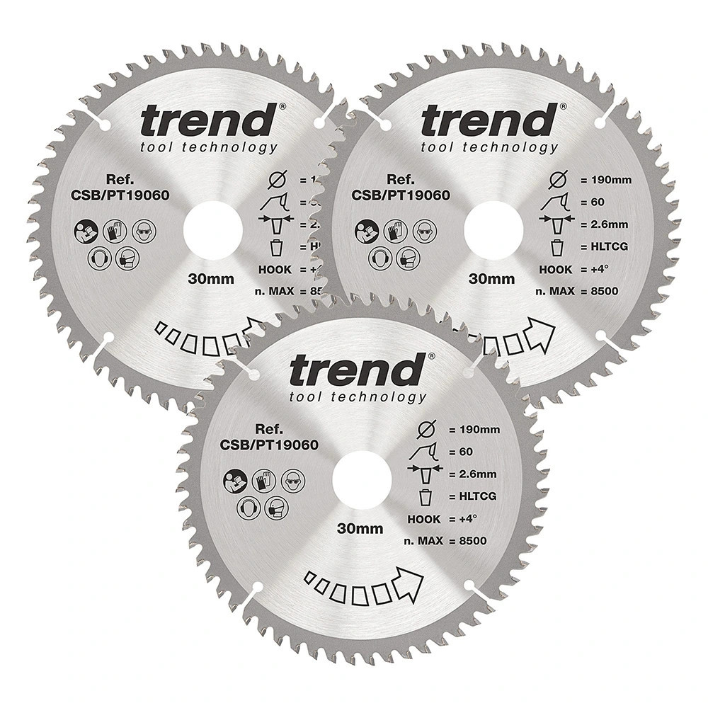 Trend 190mm x 30mm 60T Laminate / HPL Circular Saw Blades - Pack of 3