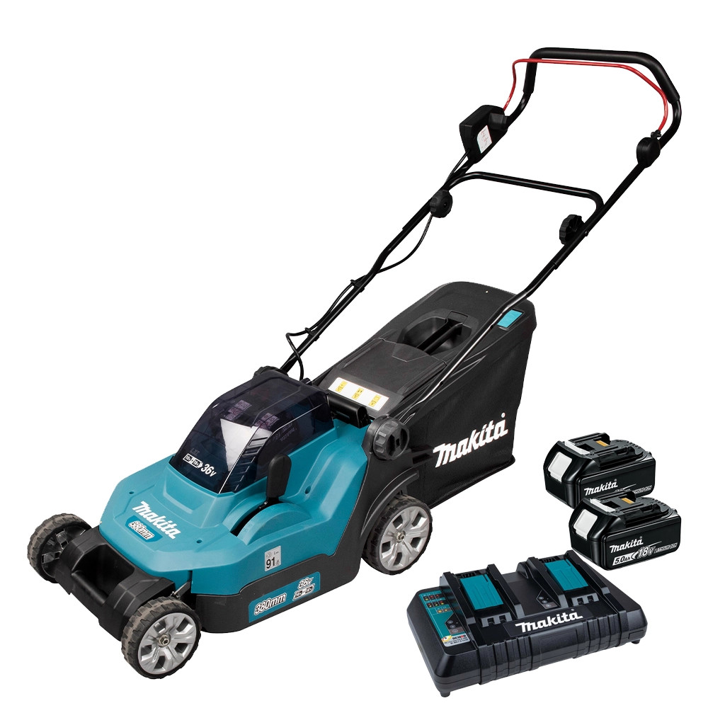 Makita DLM382PT2 36V (Twin 18V) LXT 38cm Lawn Mower, 2x 5.0Ah Batteries and Dual Charger