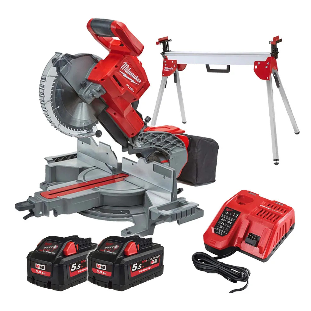 Milwaukee M18 FMS254-0 18V FUEL Brushless 254mm Sliding Mitre Saw, MSL 2000 Mitre Saw Stand, 2x 5.5Ah High Output Batteries & Fast Charger