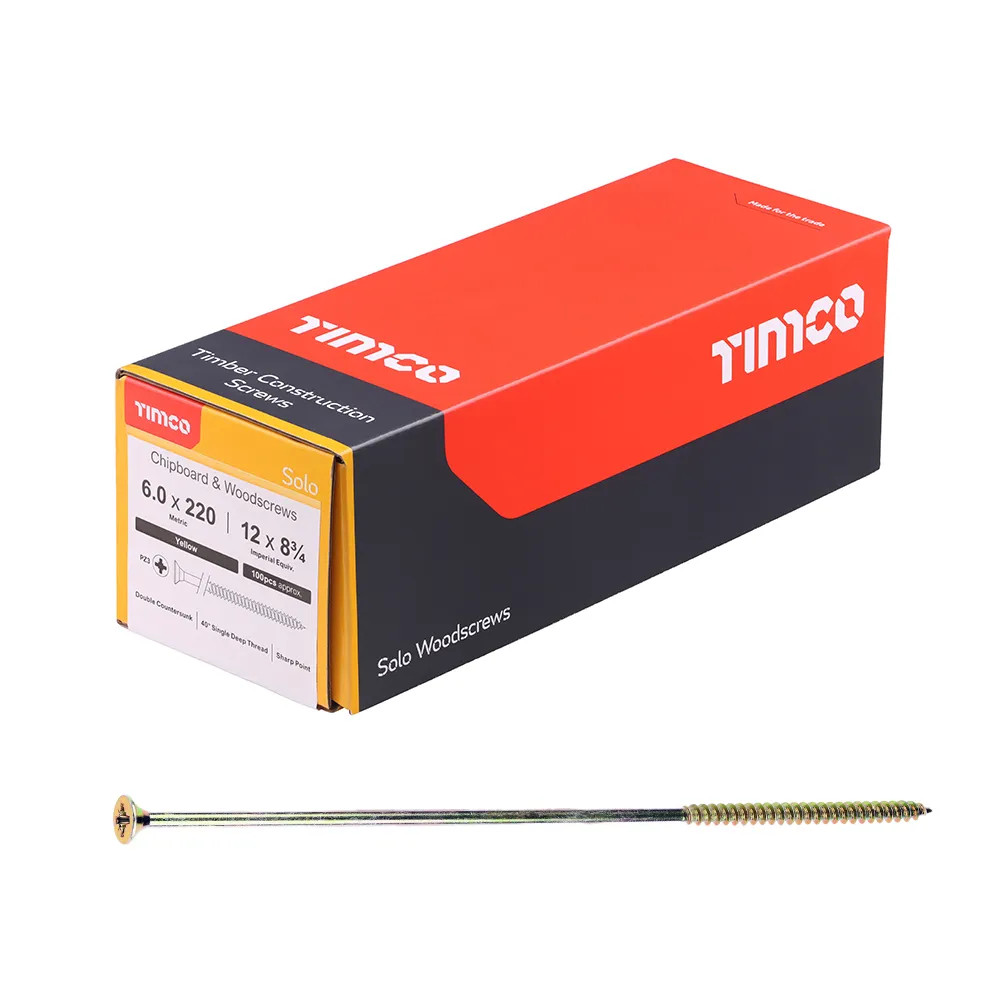 Timco 6.0 x 220mm Solo Wood Screw Zinc Yellow Passivated - Box of 100