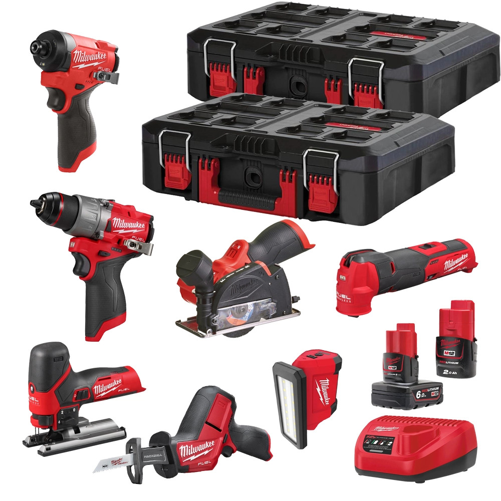 Milwaukee M12 FPP7B2-622P 7 Piece 12V FUEL Brushless Power Tool Kit, 1x 6.0Ah Battery, 1x 2.0Ah Battery, Charger & PACKOUT Case