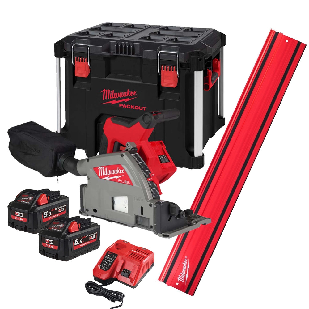Milwaukee M18 FPS55-0P 18V FUEL Brushless Plunge Saw - Body, 2x 1400mm Guide Rails, Joining Bars, 2x 5.5Ah High Output Batteries, Fast Charger, PAC…