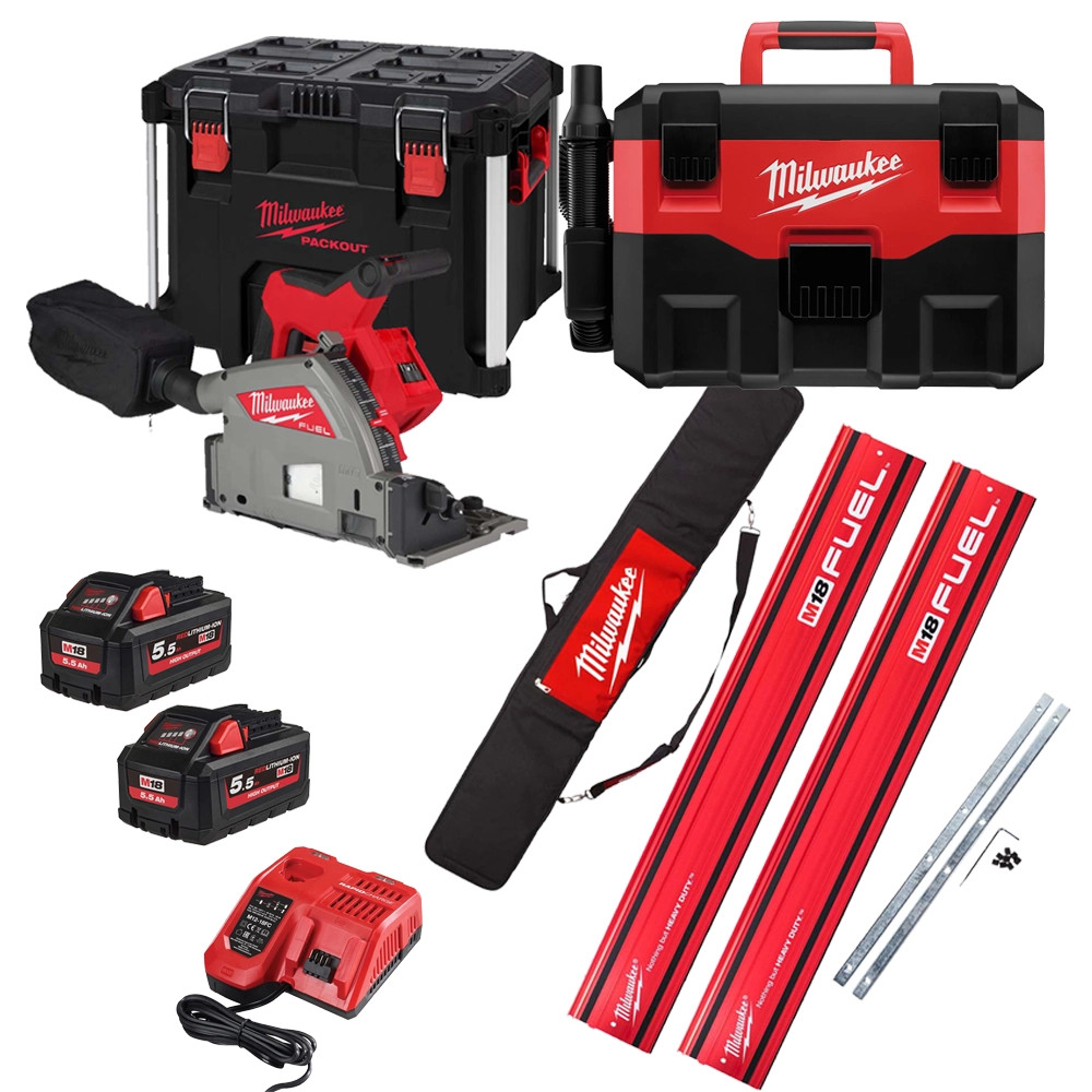 Milwaukee M18 FPS55-0P 18V FUEL Brushless Plunge Saw - Body, 2x 1400mm Guide Rails, Joining Bars, 2x 5.5Ah High Output Batteries, Fast Charger, PAC…
