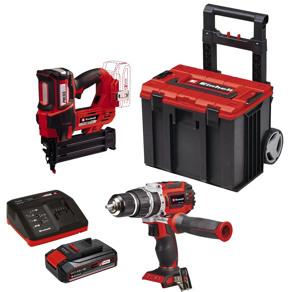 Einhell 2 Piece 18V Power X-Change Combi Drill & Second Fix Brad Nail Gun Kit, 2.5Ah Battery, Charger & Wheeled Case