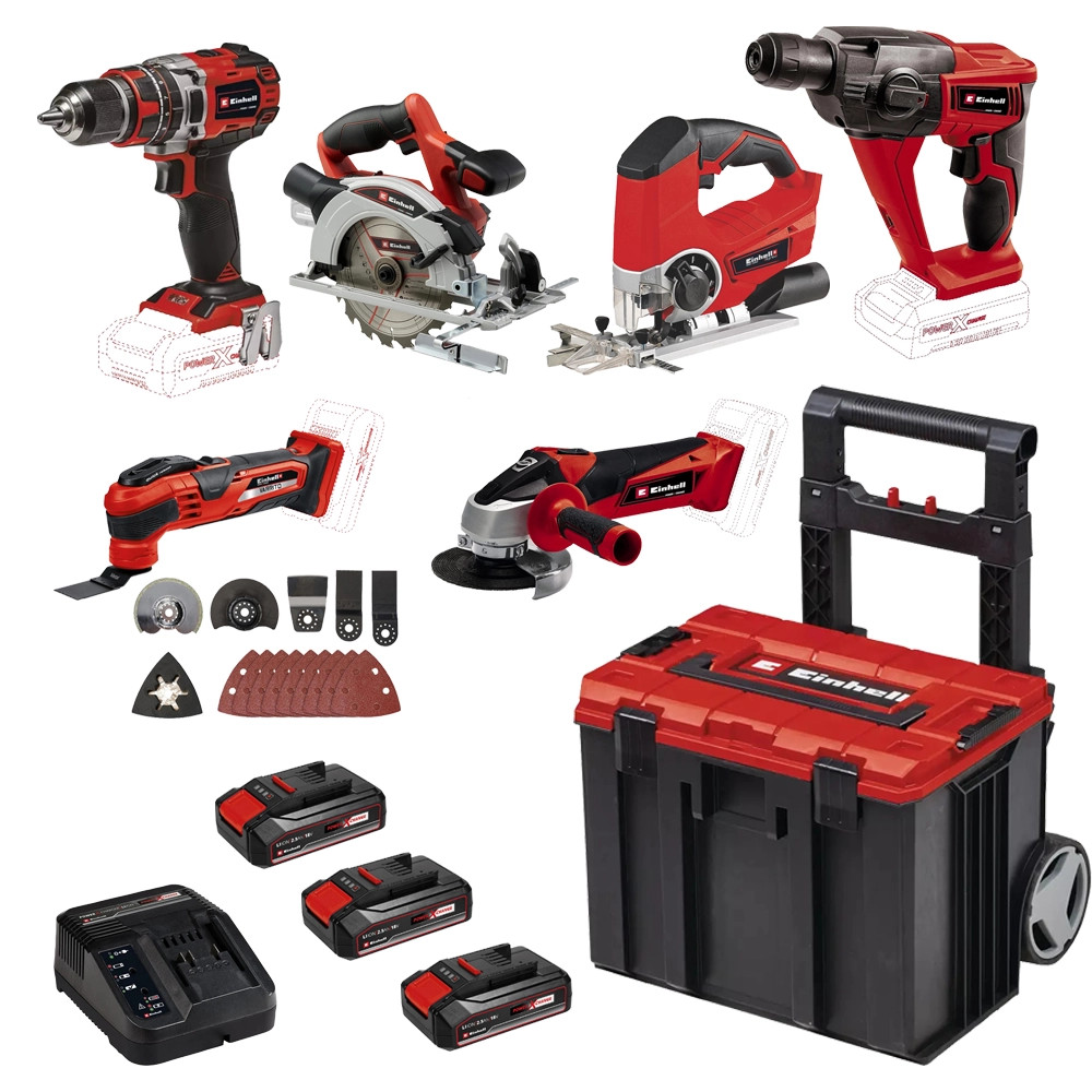 Einhell 7 Piece Tool Kit, 3x 3.0Ah 18V Batteries, Charger & Wheeled Stackable Case