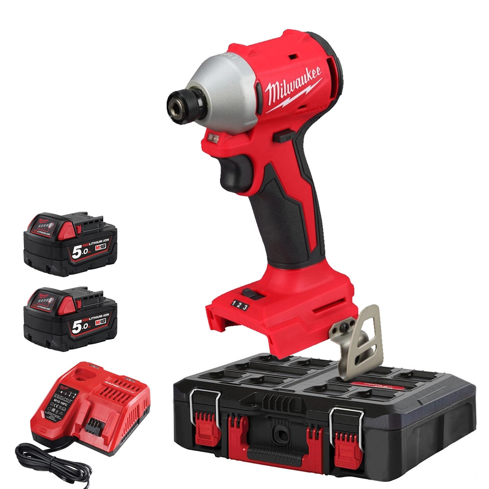 Milwaukee M18 BLIDR-0 18V Brushless 1/4" Impact Driver, 2x 5.0Ah Batteries, Charger & PACKOUT Case