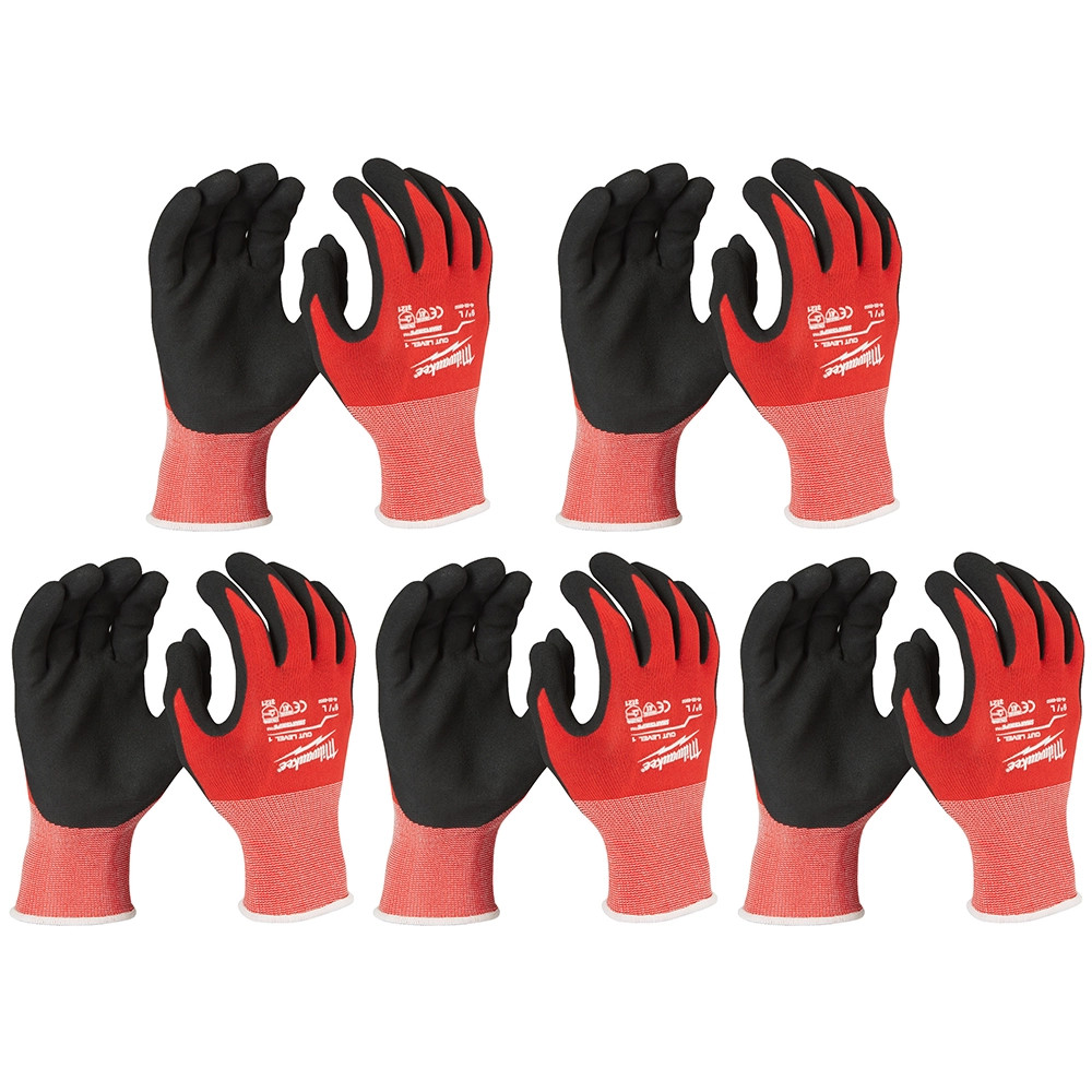Milwaukee Cut-Resistant Dipped Gloves Cut Level 1 9/L Large - Pack of 5